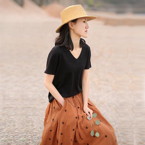 忘城8732座/夏天的光/2022春夏季双色苎麻针织短袖t恤女v领宽松